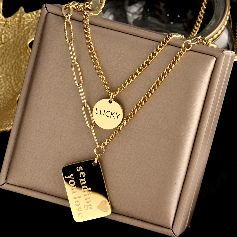 Colorfast 316L stainless steel two-layer necklace "sending you love" square pendant fashionable and simple female gift jewelry
Colorfast 316L stainless steel two-layer necklace "sending you love" square pendant fashionable and simple female gift jewelry