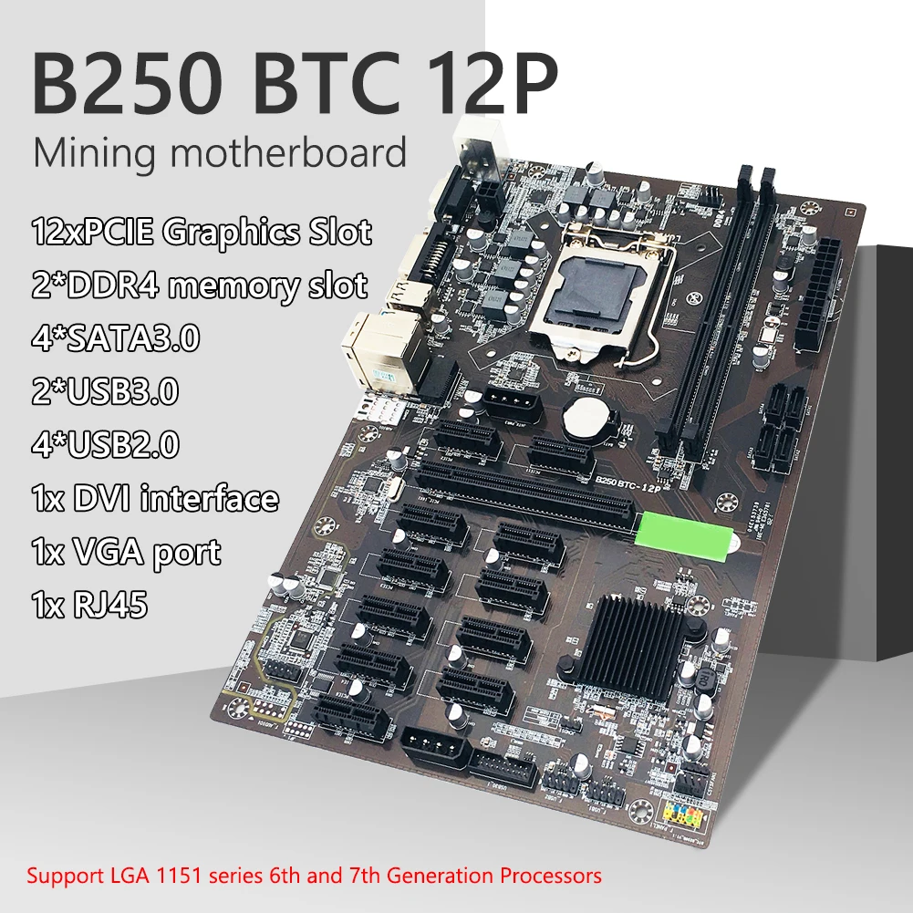 

B250 BTC 12P Mining Motherboard for LGA 1151 DDR4 Miner Board Set 1X/16X PCI-E 12X Graphics Card Slot with SATA2.0 Cable