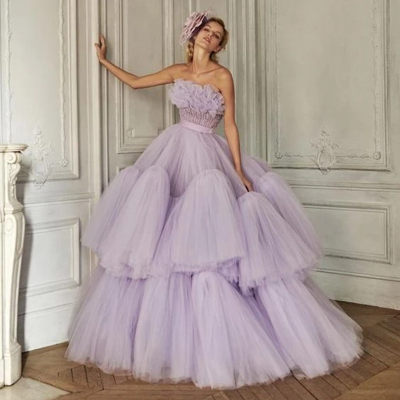 

Sweet Lavender Tulle Puffy Prom Dresses Strapless Ruffles Tiered Long Female Gowns For Party Female Dress Vestido De Mulher