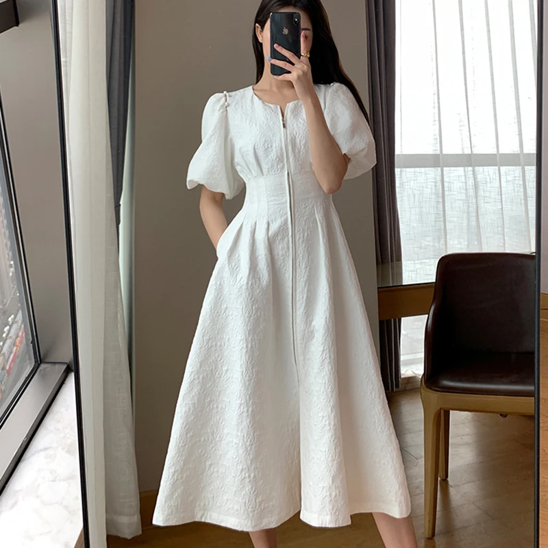 Vintage French Holiday White Dress Short Puff Sleeves Zipper Front A Line Slim Dress Vestidos Elegant Party Dress Summer 2021
Vintage French Holiday White Dress Short Puff Sleeves Zipper Front A Line Slim Dress Vestidos Elegant Party Dress Summer 2021