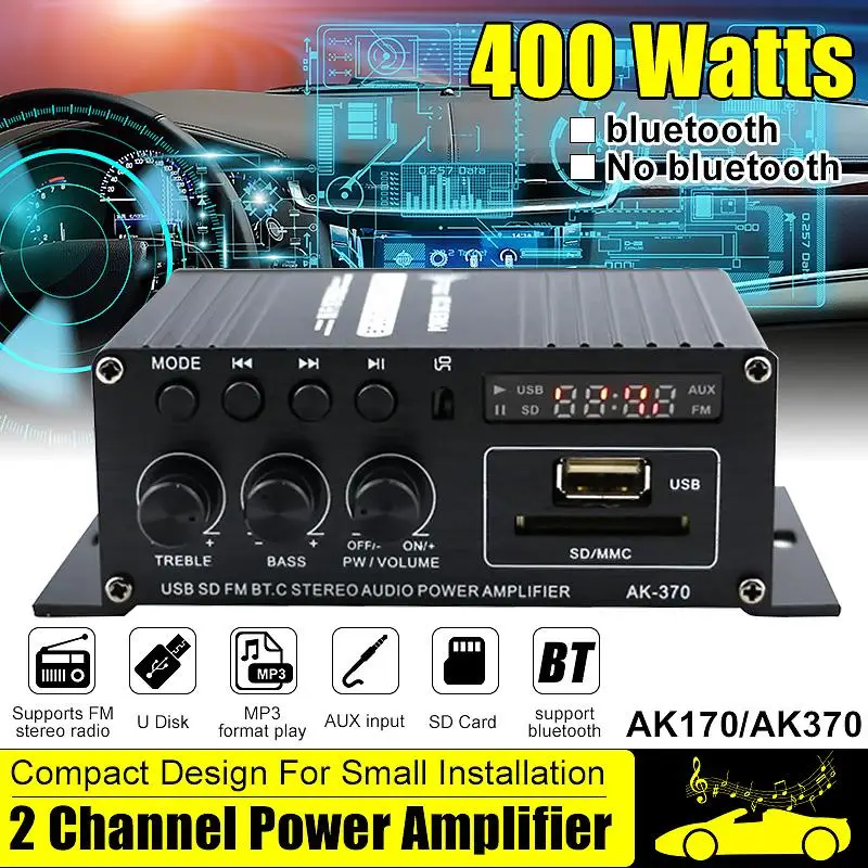 AK370 400W Power Amplifier Audio Karaoke Home Theater Amplifier 2 Channel Bluetooth Class D Amplifier USB/SD AUX Input
AK370 400W Power Amplifier Audio Karaoke Home Theater Amplifier 2 Channel Bluetooth Class D Amplifier USB/SD AUX Input