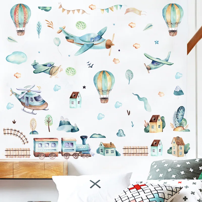 

Cartoon Airplane Small town Wall Stickers Kids rooms Kindergarten Wall Decor Decals Removable Vinyl PVC Murals Home Decoration