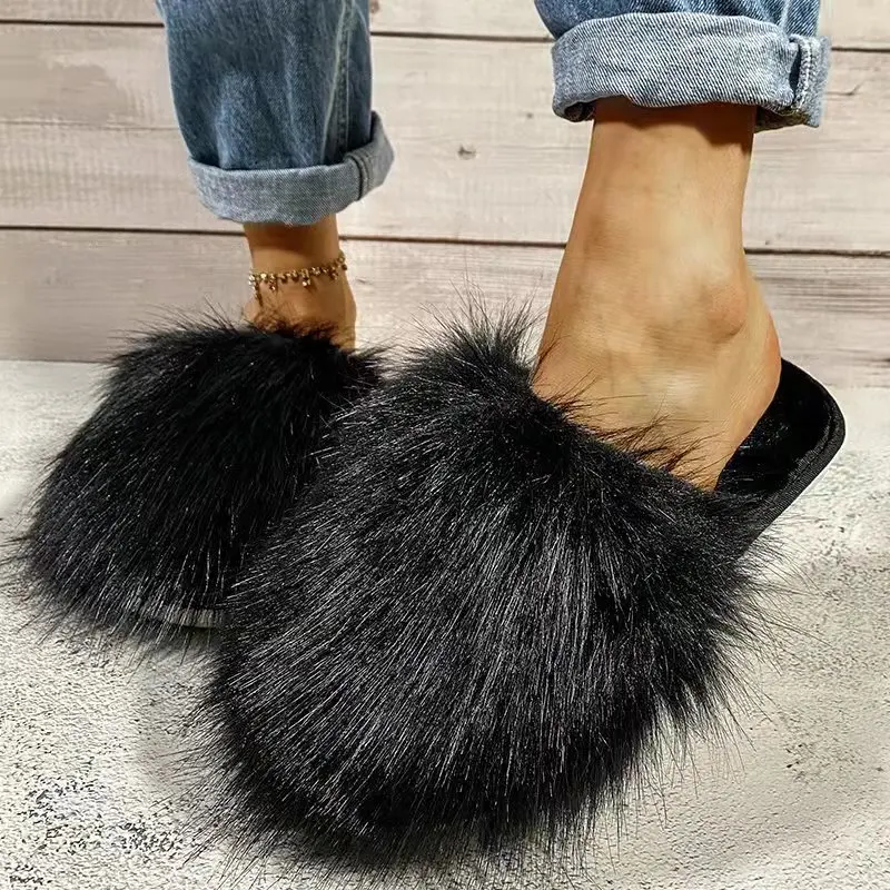 

Fluffy Hairy Fur Slides Female 2021Autumn/Winter New Toe-covered Sandals Home Flat Warm Cotton Slippers Shoes Outsides Ladies