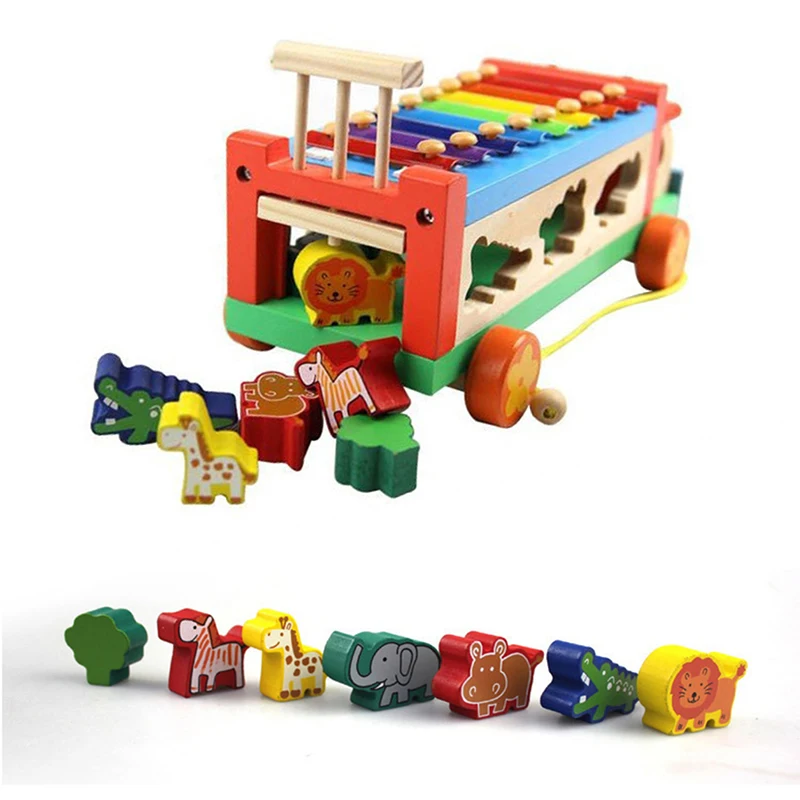 

Wooden Animal Cognitive Trailer Children Educational Toy Musical Instrument 8 Scales Hand Knocking Piano Musical Toys