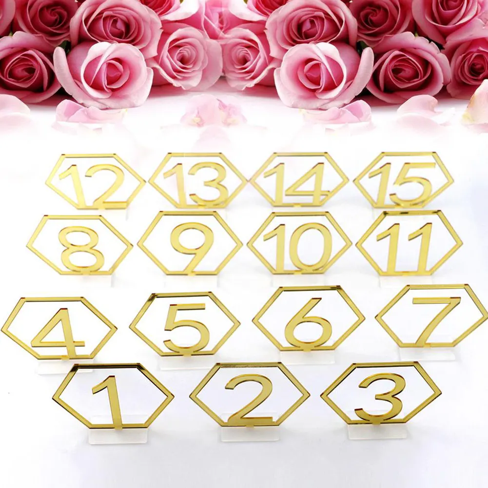 15PCS Wedding Table Number Hexagonal 1-15 Seat Card With Holder Base Catering Silver/Gold Acrylic Number For Wedding Party Decor
15PCS Wedding Table Number Hexagonal 1-15 Seat Card With Holder Base Catering Silver/Gold Acrylic Number For Wedding Party Decor