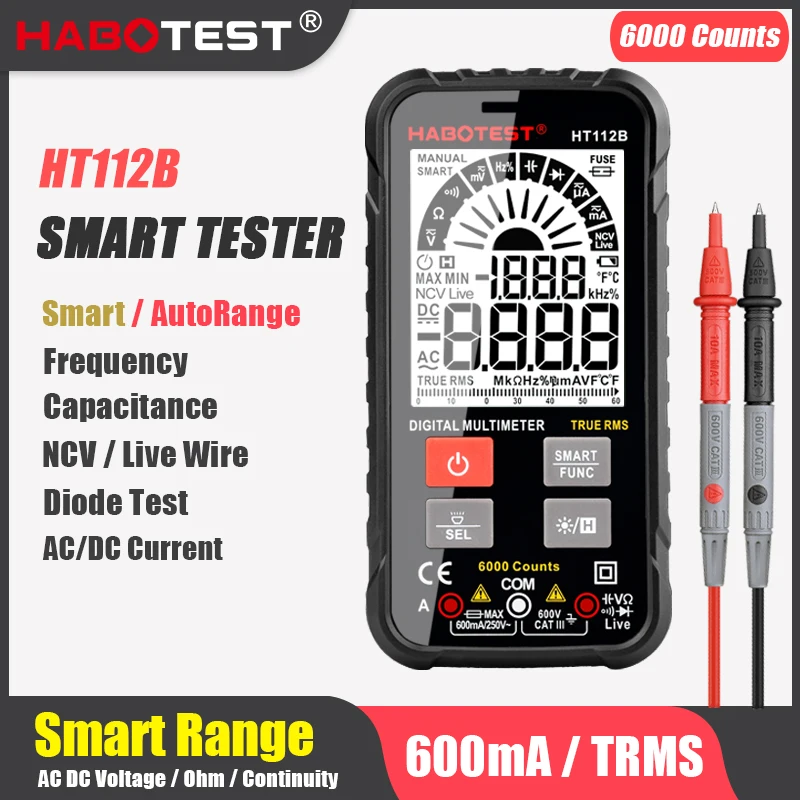 HT112B Palm Size Digital Smart Multimeter True RMS Auto Range Voltmeter AC DC Ammeter Ohm Hz Capacitance Automotive DDM Meter
HT112B Palm Size Digital Smart Multimeter True RMS Auto Range Voltmeter AC DC Ammeter Ohm Hz Capacitance Automotive DDM Meter