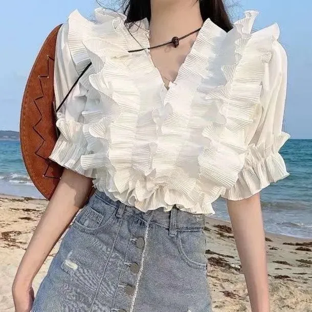 Chiffon Ruffle V-Neck Blouse Casual Streetwear Puff Short Sleeve Elegant Shirt Ladies Office Workwear Top 2021spring Autumn New
Chiffon Ruffle V-Neck Blouse Casual Streetwear Puff Short Sleeve Elegant Shirt Ladies Office Workwear Top 2021spring Autumn New