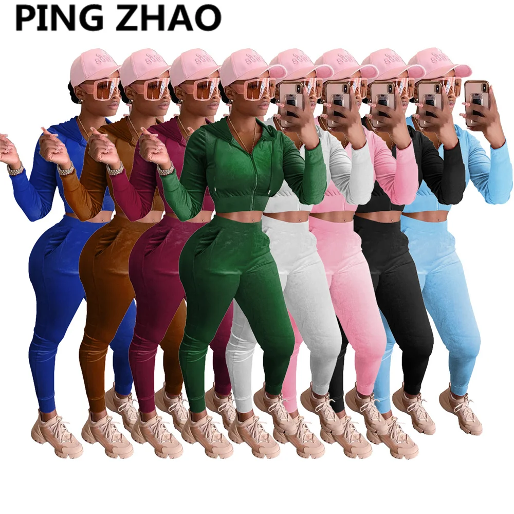 Женский спортивный костюм пин-Жао, однотонный бархатный укороченный топ на молнии с капюшоном и брюки, комплект из двух предметов, модная од... 
Женский спортивный костюм пин-Жао, однотонный бархатный укороченный топ на молнии с капюшоном и брюки, комплект из двух предметов, модная од...