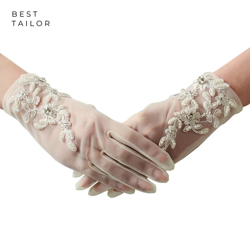 

Short Wedding Bridal Hand Gloves Finger Ivory Wrist Beading Pearls Bride Cuffs Applique Wedding Accessories Mariage gant femme