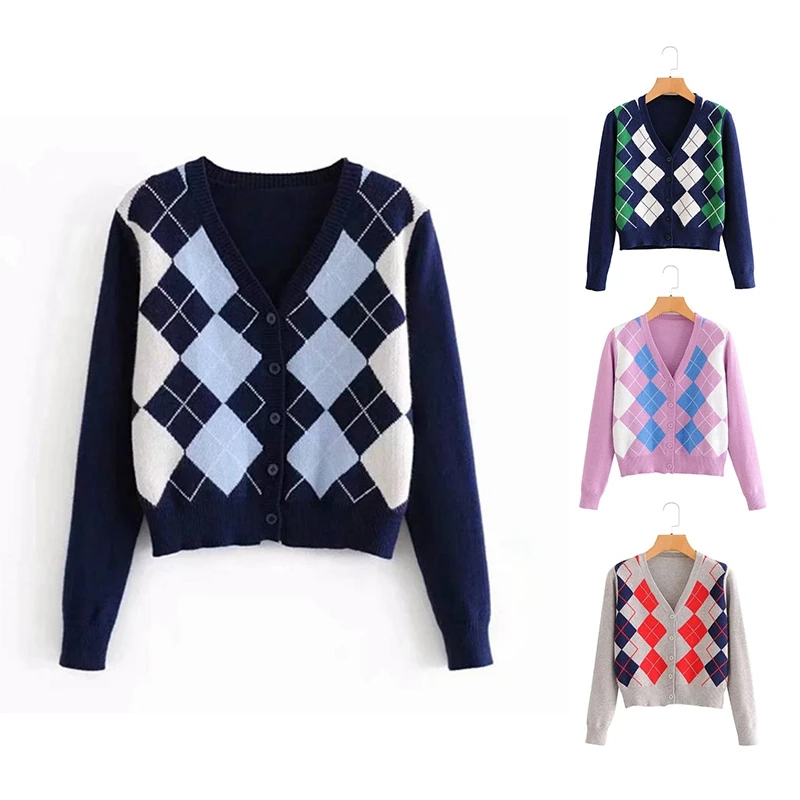 Autumn Vintage Rhombic Plaid Single Breasted Button Cardigan Sweater Woman V-Neck Long Sleeve Knitwear Jumper
Autumn Vintage Rhombic Plaid Single Breasted Button Cardigan Sweater Woman V-Neck Long Sleeve Knitwear Jumper