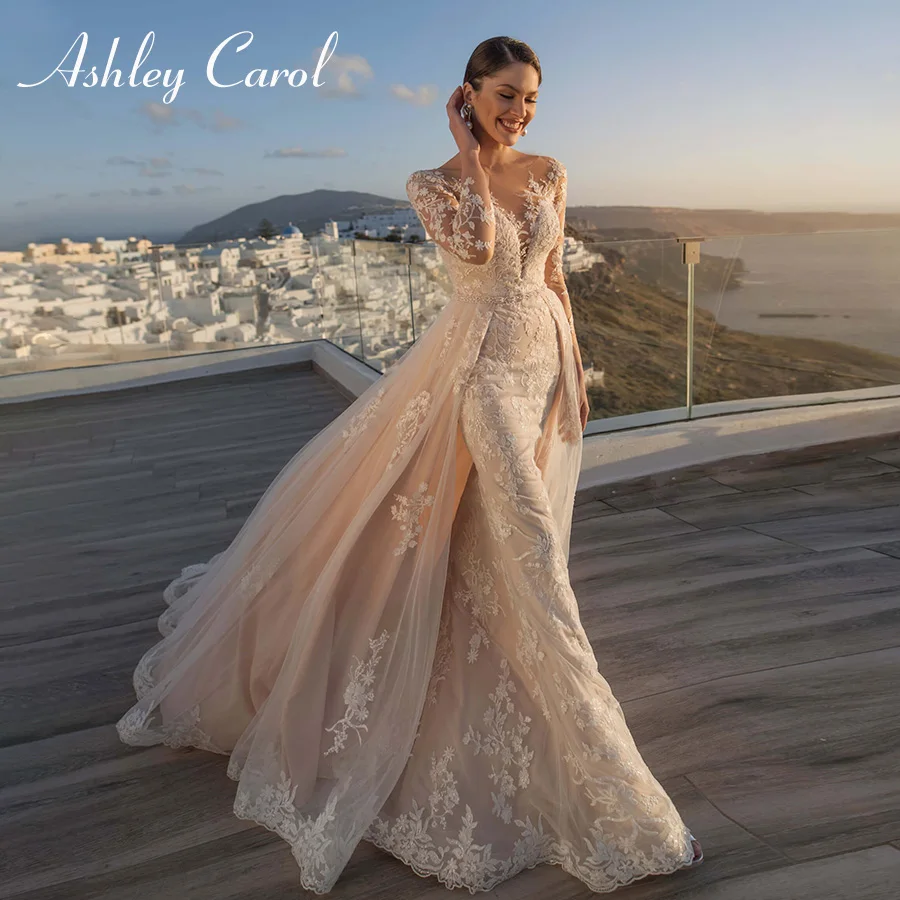 

Свадебное платье Эшли Карол Русалка 2022 со съемным шлейфом, бисером, поясом, пляжное платье невесты с длинным рукавом, Милая Аппликация, свадебные платья