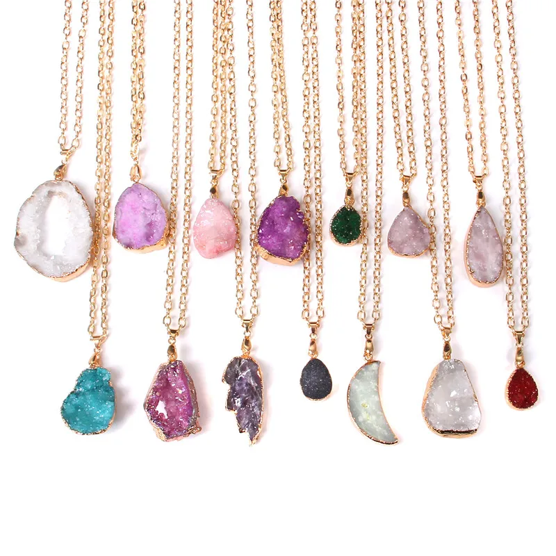 Healing Crystal Necklaces For Women Druzy Raw Stone Pendant Necklace Pendulum Energy Mineral Gold Color Chain Fashion Jewelry
Healing Crystal Necklaces For Women Druzy Raw Stone Pendant Necklace Pendulum Energy Mineral Gold Color Chain Fashion Jewelry