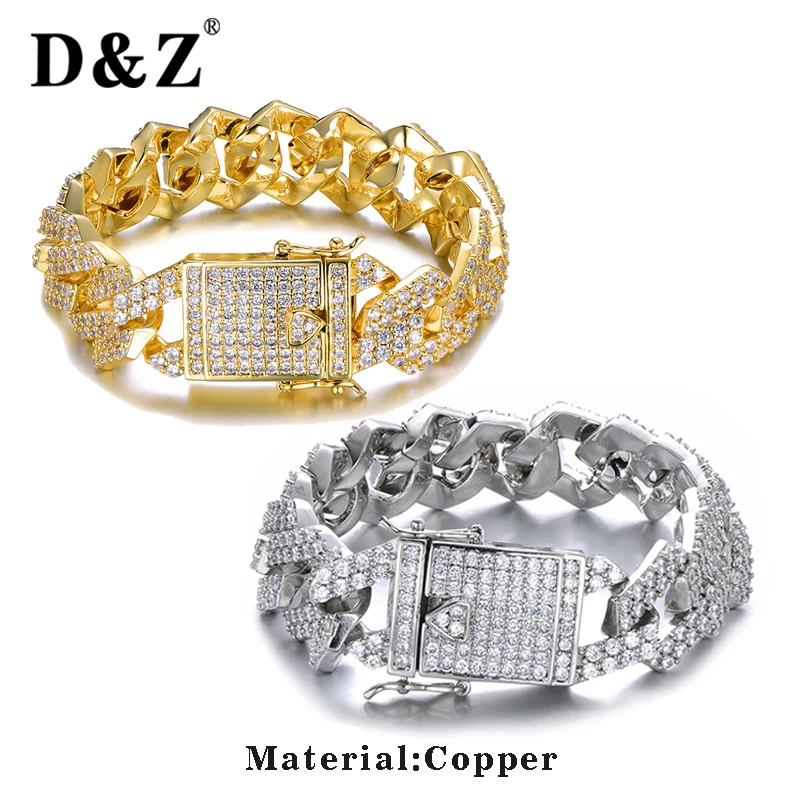 D&Z 18mm Iced Out Bling Zircon Miami Curb Cuban Link Chain Bracelet For Men Hip Hop Jewelry High Quality | Украшения и