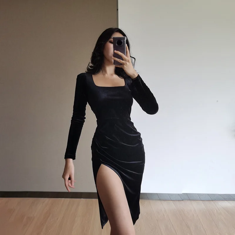 Black Chic Velvet Vintage Split Dress Elegant Women Long Sleeve Bodycon Party Midi Dress
Black Chic Velvet Vintage Split Dress Elegant Women Long Sleeve Bodycon Party Midi Dress