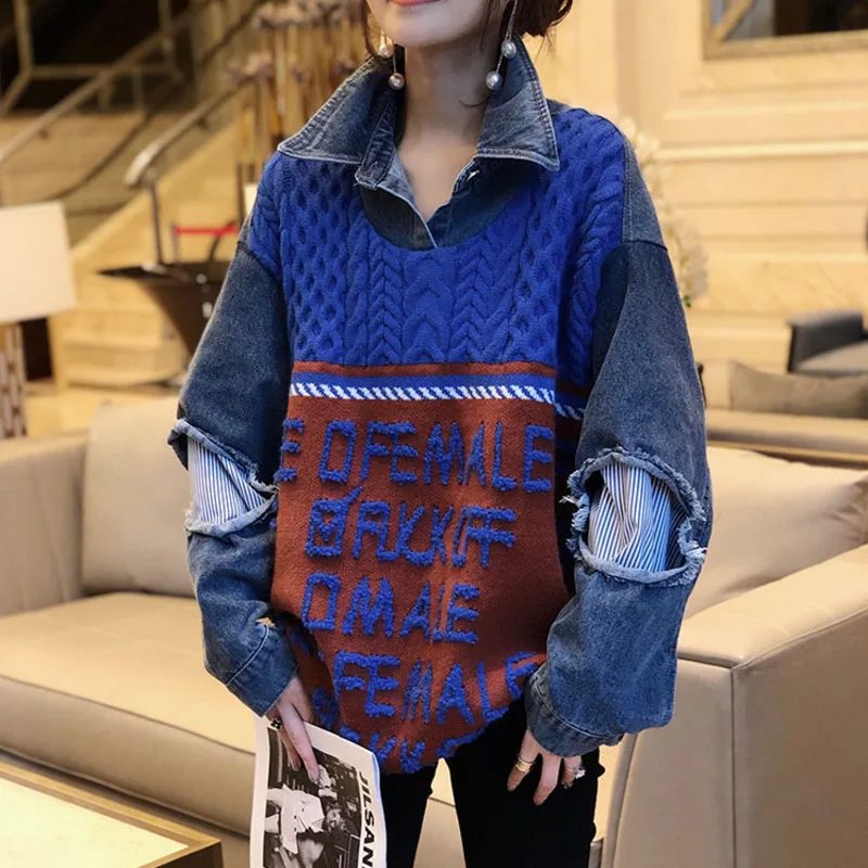 Turn-Down Collar Fake Two Sleeve Long Knitted Pullover Sweatshirt Letter Print Hollow Out Denim Splicing Dress
Turn-Down Collar Fake Two Sleeve Long Knitted Pullover Sweatshirt Letter Print Hollow Out Denim Splicing Dress