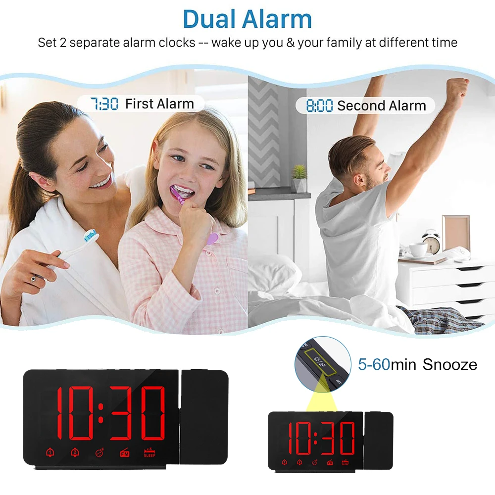 Projection Alarm Clock 180Projector with FM Radio Snooze Function 4 Dimmer Dual Alarm USB Charging Digital Clock 12H/24H
Projection Alarm Clock 180Projector with FM Radio Snooze Function 4 Dimmer Dual Alarm USB Charging Digital Clock 12H/24H