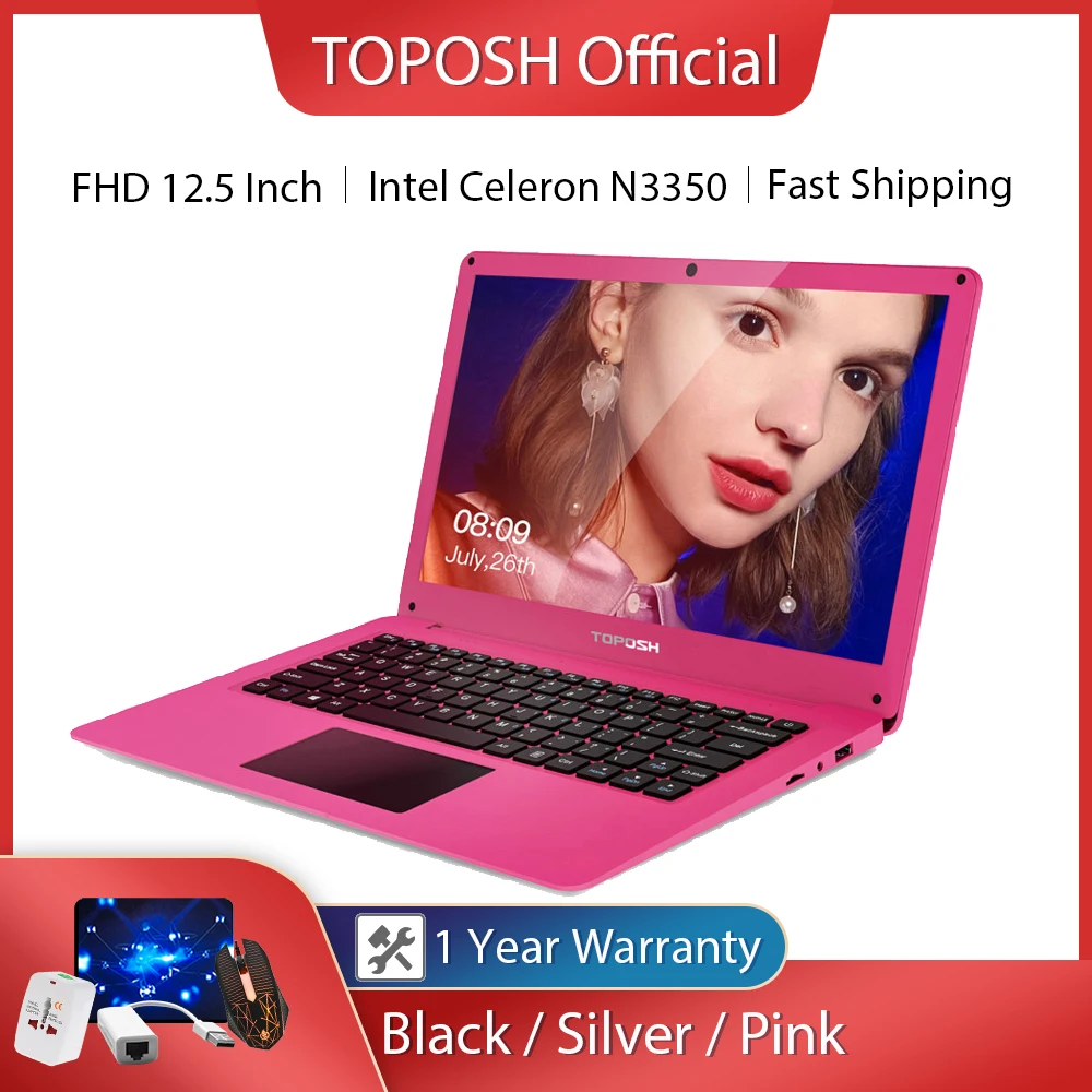 

12.5 Inch Pink Laptop Notebook PC 4GB RAM + 64GB SSD Intel Celeron N3350 Ultrabook Dual-Core 2.40 GHz Small Laptops Mini Netbook