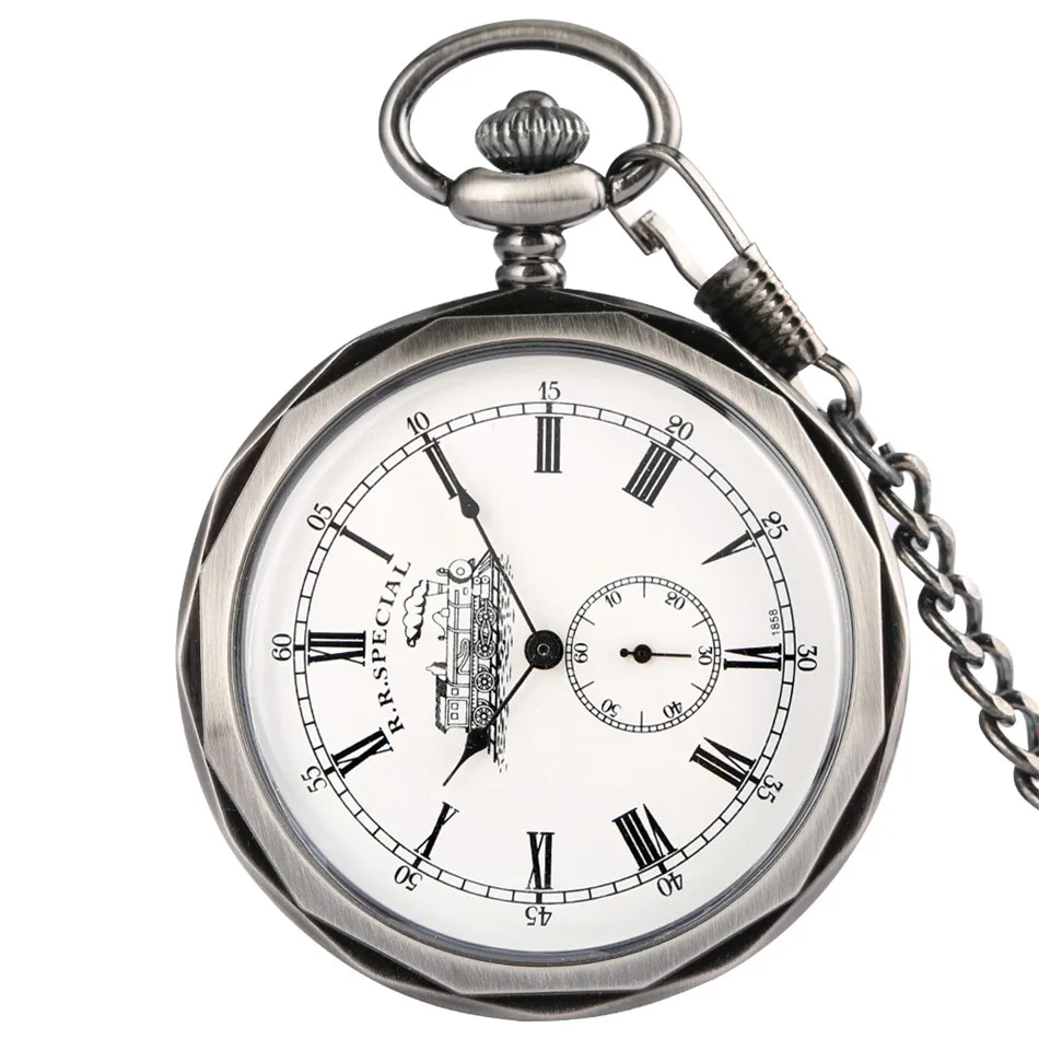 Vintage Steam Locomotive Unique Dial Open Face Hand Winding Mechanical Pocket Watch Grey Black Pendant Automatic Antique Watches
Vintage Steam Locomotive Unique Dial Open Face Hand Winding Mechanical Pocket Watch Grey Black Pendant Automatic Antique Watches