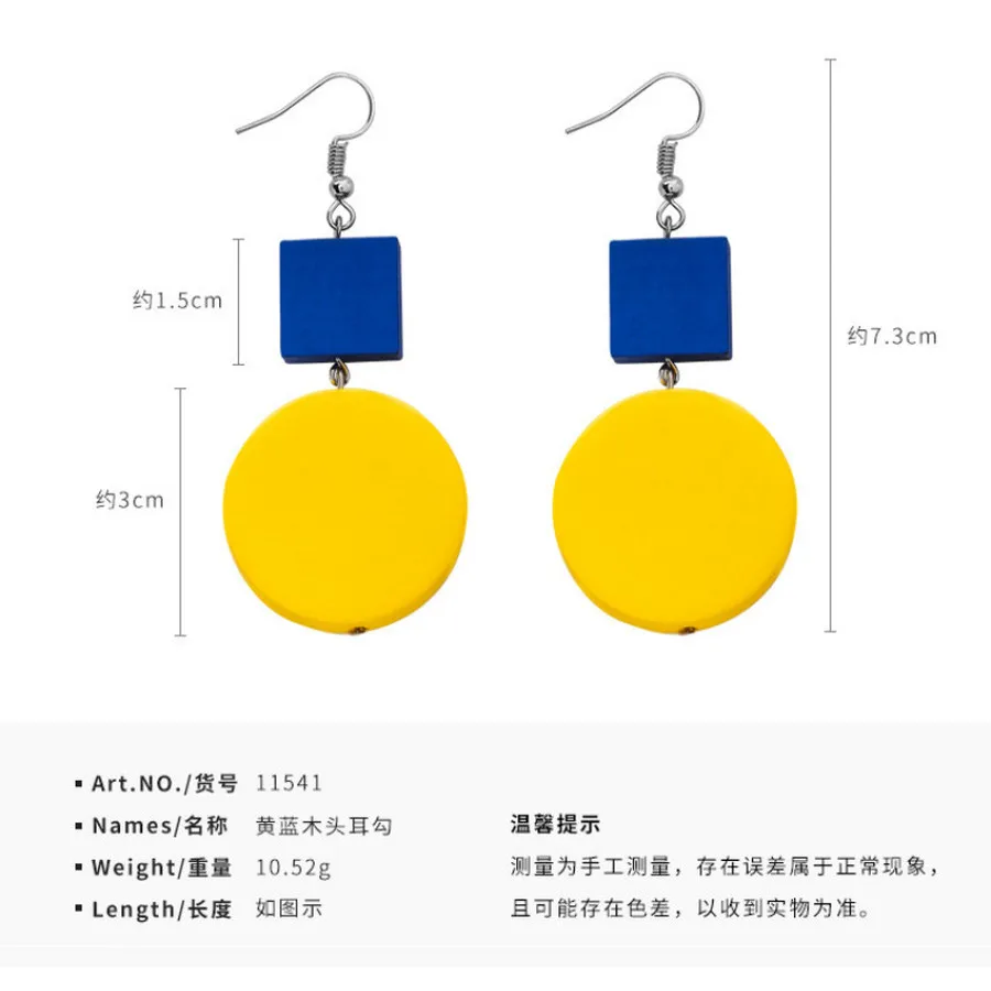 Yellow Blue Wood Cold Style Long Square Round Geometric Drop Earrings for Girl Women Fashion Jewelry Accessories | Украшения и