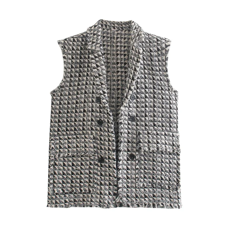 

Houndstooth Tweed Vest Women 2021 Casual Tassels Pullover Vintage Sleeveless Double Breasted Lapel Female Waistcoat Tops