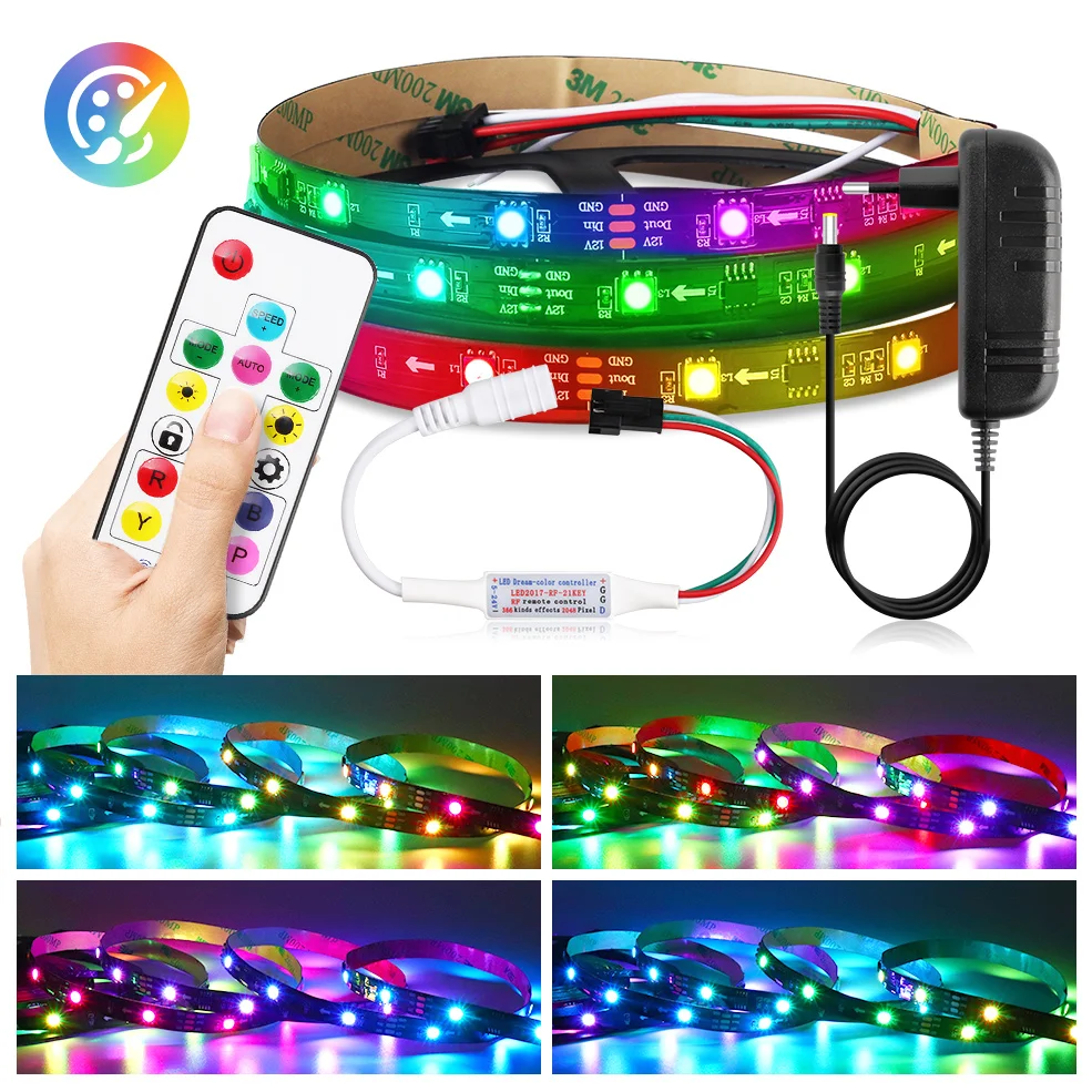 

Dream color LED Strip set with 21Key Remote/Bluetooth/Music Controller 12V WS2811 RGB Pixel strip light IP30 1M/2M/3M/4M/5M