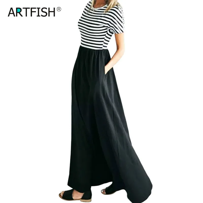 Женское длинное платье в полоску с коротким рукавом и круглым вырезом|summer dress|women