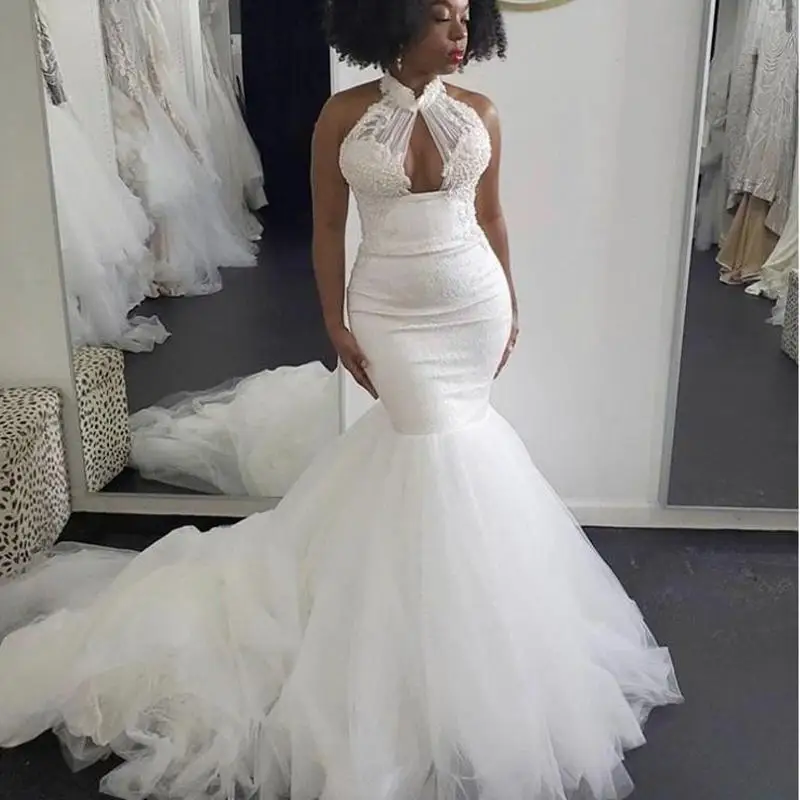 Mermaid Wedding Dresses High Neck Sleeveless Lace Beading Mermaid African Dubai Bridal Gowns Plus Size
Mermaid Wedding Dresses High Neck Sleeveless Lace Beading Mermaid African Dubai Bridal Gowns Plus Size