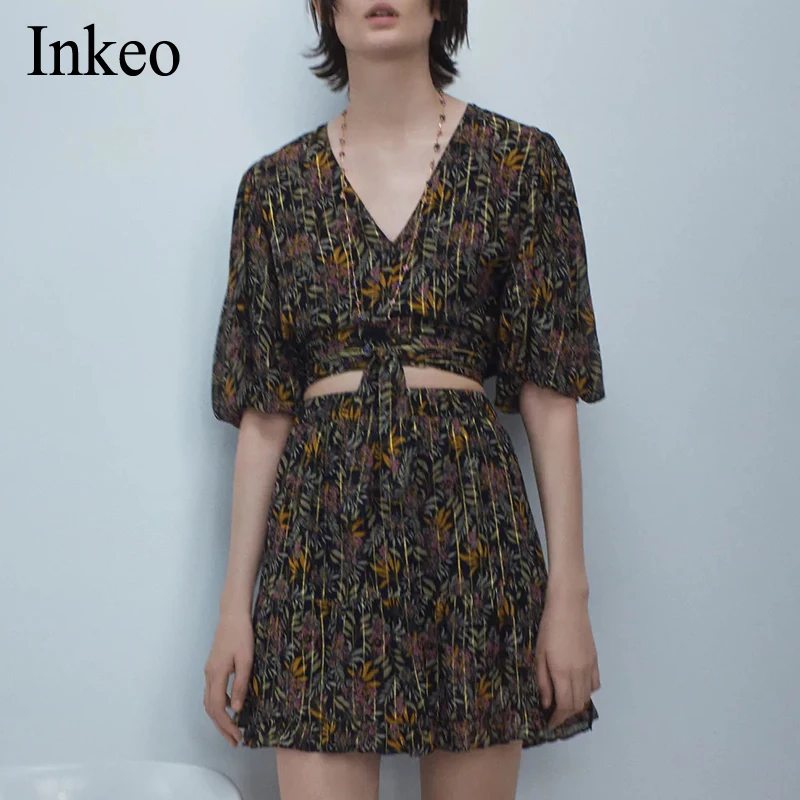 Sexy Women's print Two Piece Set V Neck bow Crop Top Lantern sleeve Female tops Elastic Waist Midi skirt 2 Piece Set INKEO 9T173 
Sexy Women's print Two Piece Set V Neck bow Crop Top Lantern sleeve Female tops Elastic Waist Midi skirt 2 Piece Set INKEO 9T173