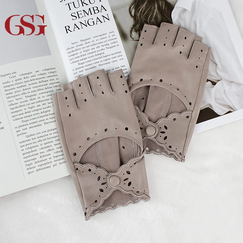 GSG женские кожаные перчатки без пальцев для вождения подкладки черные|leather driving