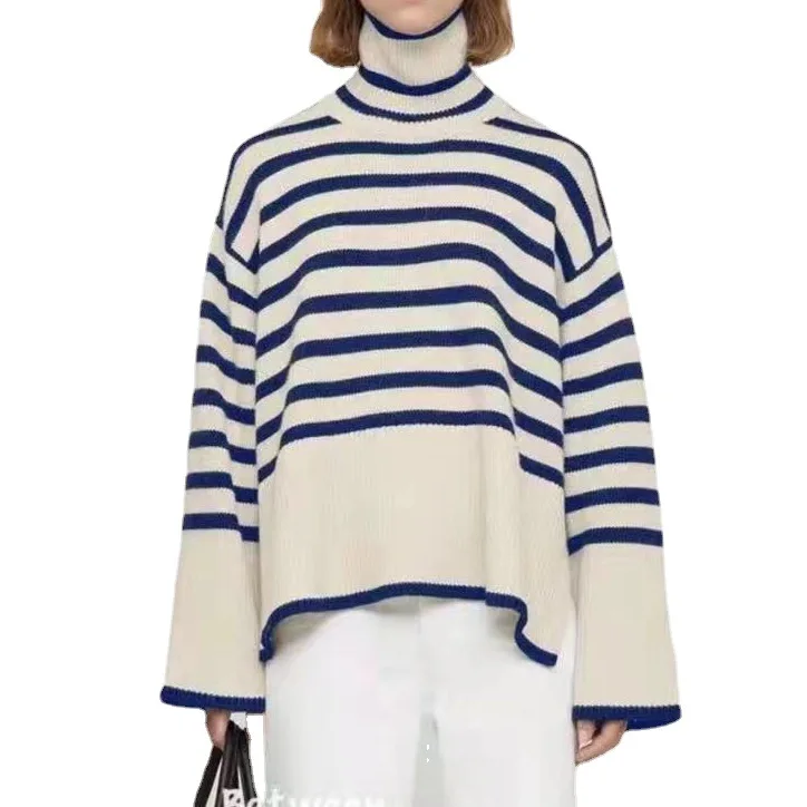 Women Sweater High Neck Wide Sleeves Striped Cashmere Stitching Loose Sweater High Neck Split Hedging Classic Stripes
Women Sweater High Neck Wide Sleeves Striped Cashmere Stitching Loose Sweater High Neck Split Hedging Classic Stripes