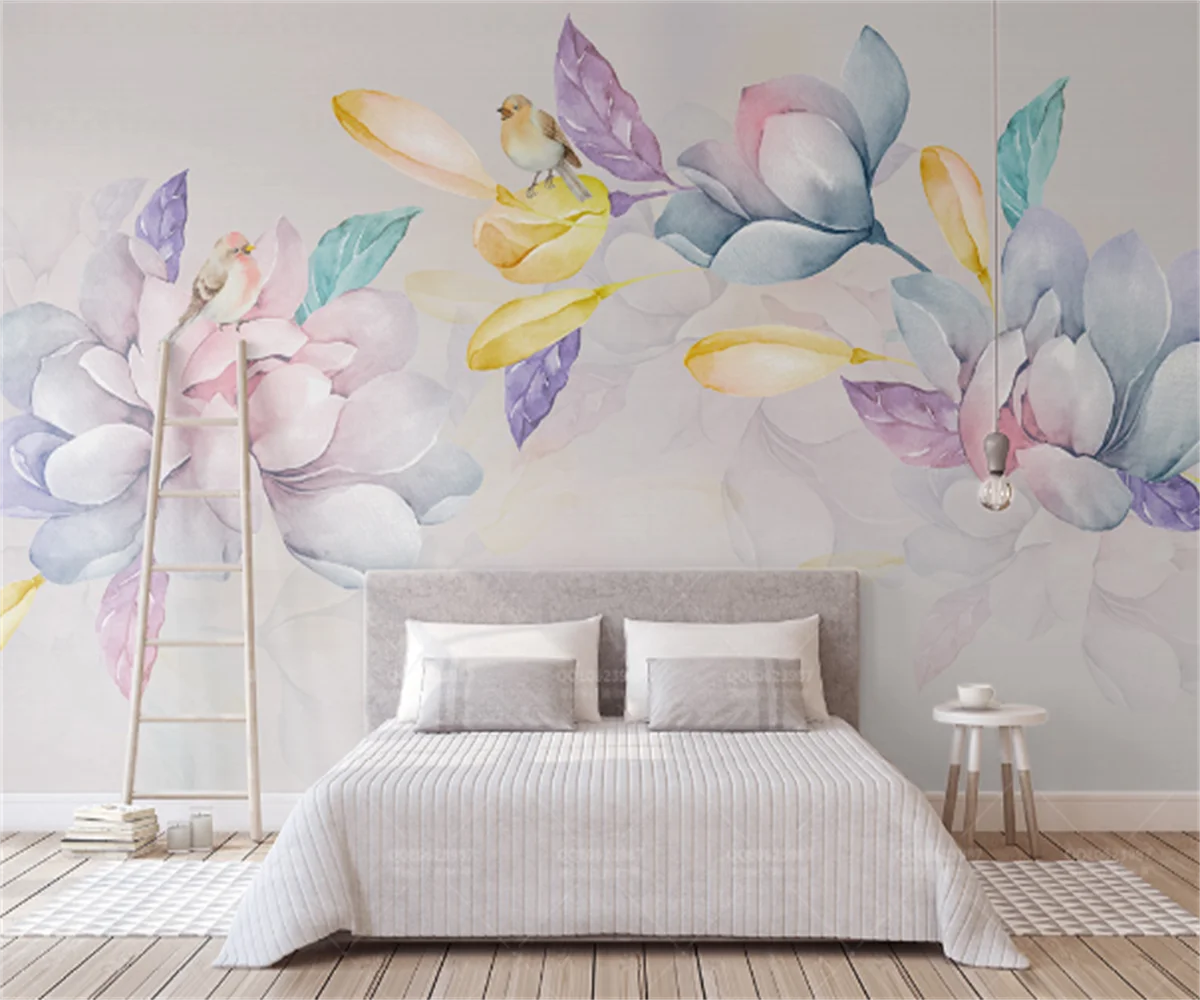 

Customize any size mural photo wallpaper Nordic elegant small fresh watercolor magnolia TV background wall sticker papel parede