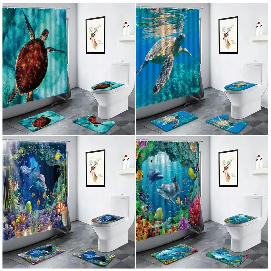

Sea Turtle Dolphin Shower Curtain Ocean Animals Tropical Fish Undersea Scenery Bathroom Decor Non-slip Rug Toilet Bath Mats Set