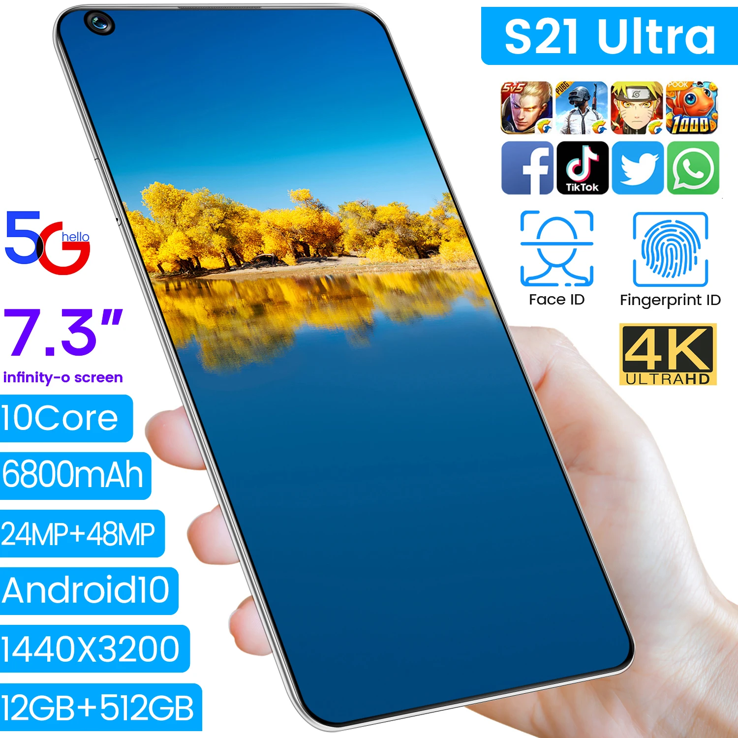 2021 5G Global Version S21 Ultra 6800mAh 12GB 512GB 7.3Inch Android 10 Smartphone Dual SIM Card Mobile Phone Google GPS WiFi
2021 5G Global Version S21 Ultra 6800mAh 12GB 512GB 7.3Inch Android 10 Smartphone Dual SIM Card Mobile Phone Google GPS WiFi