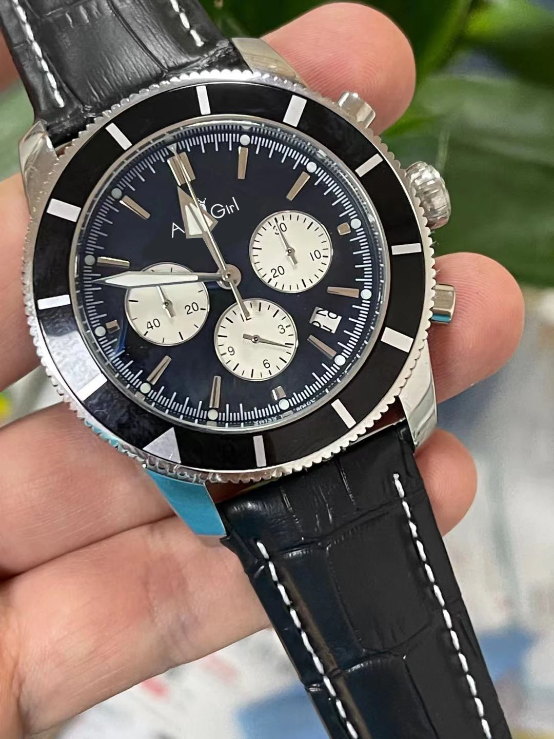 

Luxury Black Blue Leather Quartz Chronograph Watch Ceramic Bezel Sapphire Glass Mens Stainless Steel Date Watches 46mm AAA+