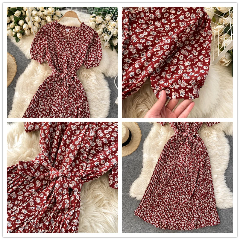 Women French Floral Pleated Dress V Neck Puff Sleeve Lace up A-line Dresses Summer Bohemian Print Holiday Beach Dress 
Women French Floral Pleated Dress V Neck Puff Sleeve Lace up A-line Dresses Summer Bohemian Print Holiday Beach Dress