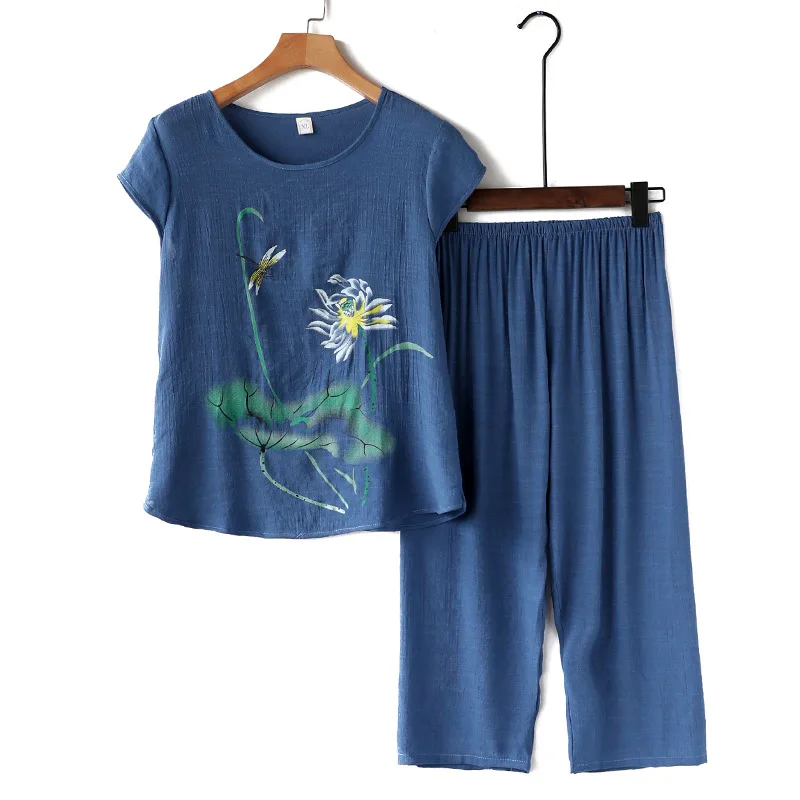 Women's Suit Casual Loose Floral Print Short-Sleeved Tops Shorts Pajamas Set Female Cotton and Linen Ventilation Loungewear
Women's Suit Casual Loose Floral Print Short-Sleeved Tops Shorts Pajamas Set Female Cotton and Linen Ventilation Loungewear