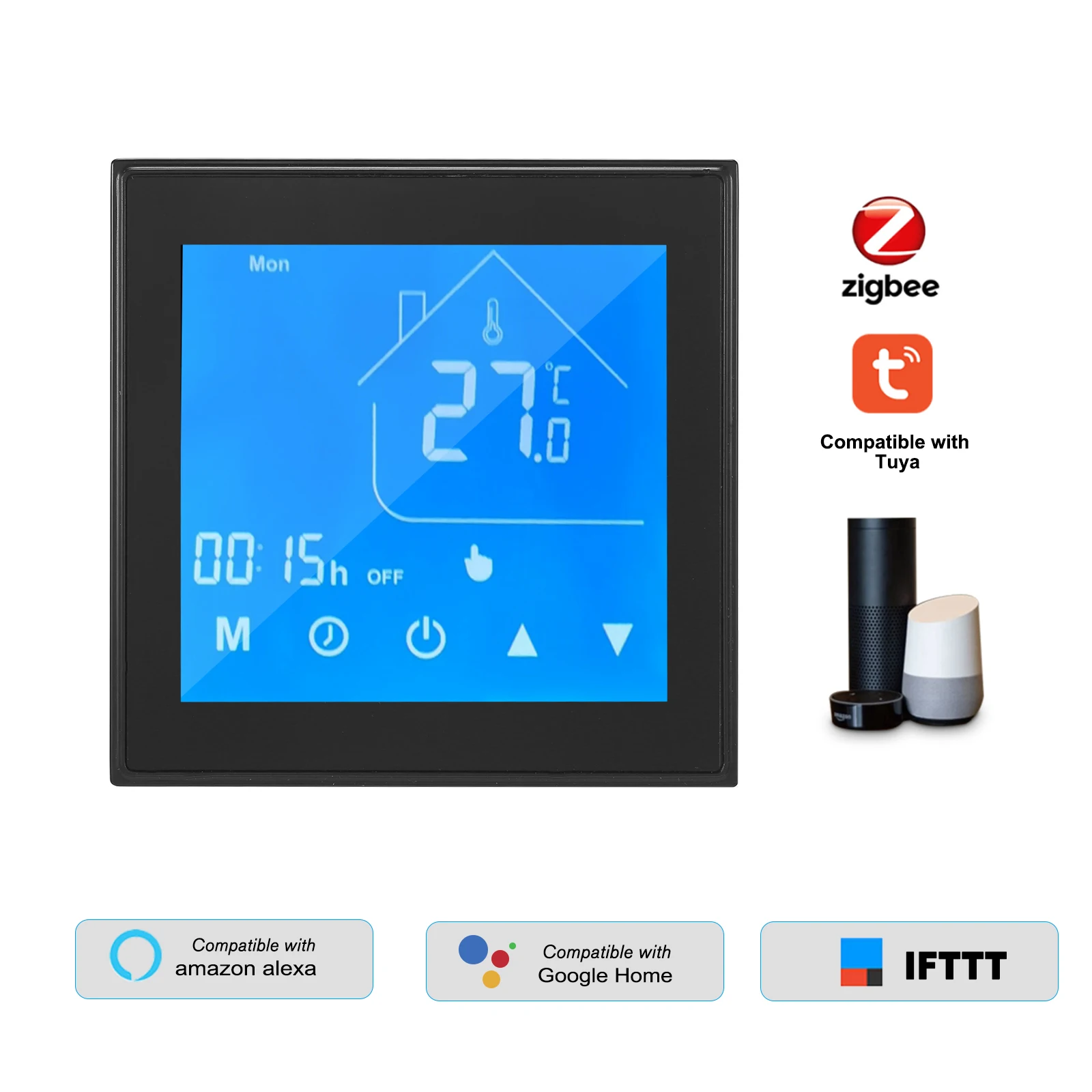 Умный термостат Tuya Zigbee, контроллер температуры с ЖК-дисплеем, программируемый днём недели, для водяного/газового котла, совместим с Alexa
Умный термостат Tuya Zigbee, контроллер температуры с ЖК-дисплеем, программируемый днём недели, для водяного/газового котла, совместим с Alexa
