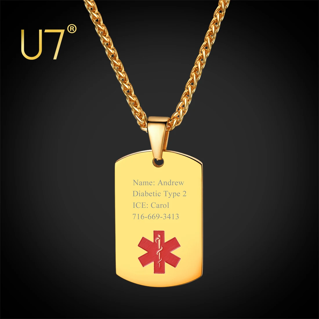 U7 Medical Alert Jewelry Men Women Pendant Necklace Stainless Steel Engraved Medic Condition Tags | Customized Pendants