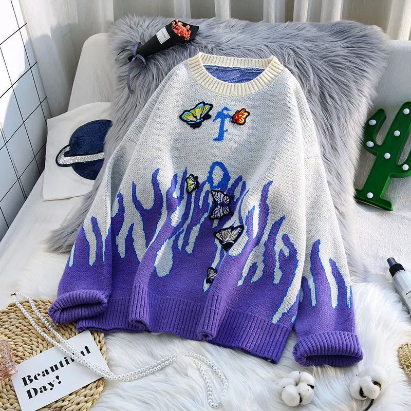 Deeptown Hajuku Fashion Knitted Sweater Women Hip Pop Style Flame Jacquard Autumn Pullover Round-neck Loose Long Sleeve Famale
Deeptown Hajuku Fashion Knitted Sweater Women Hip Pop Style Flame Jacquard Autumn Pullover Round-neck Loose Long Sleeve Famale