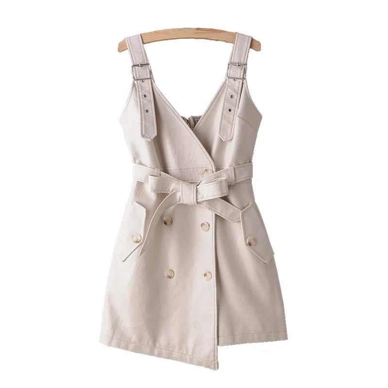 Women Spring autumn PU faux leather dress deep V Neck belt Mini length back zipper S-XL 4colors irregular drop shipping | Женская одежда