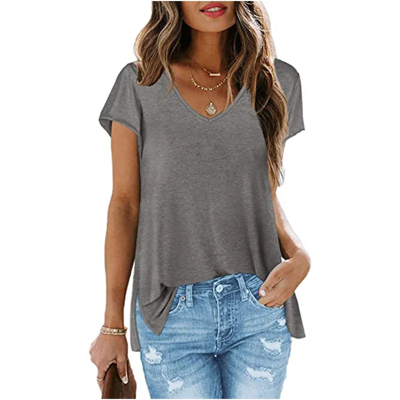 Women's Shirt T-shirts with Short Sleeve Solid Color V-neck Short-sleeved T-shirt Top with Slit Hem
Women's Shirt T-shirts with Short Sleeve Solid Color V-neck Short-sleeved T-shirt Top with Slit Hem
