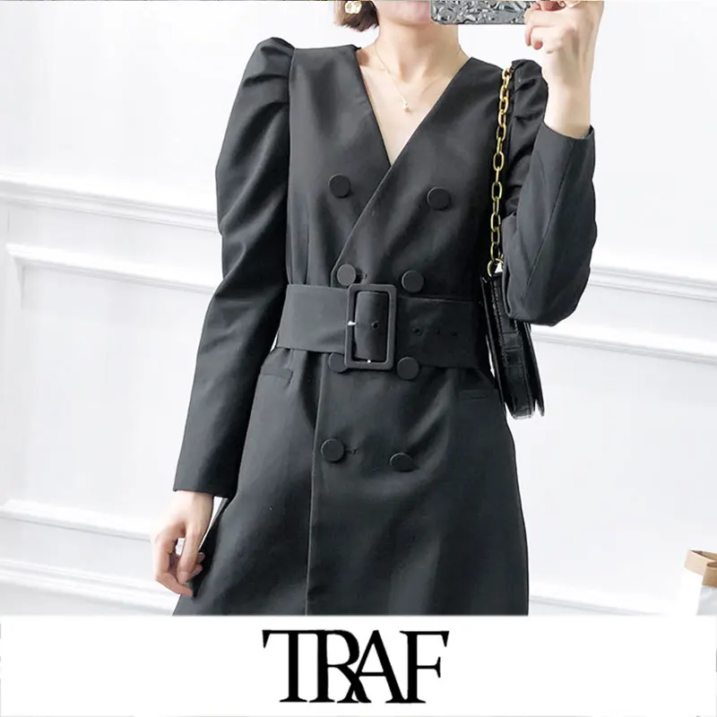 

TRAF Women Vintage Stylish Office Lady Double Breasted With Belted Mini Dress Fashion V Neck Puff Sleeve Dresses Vestidos Mujer
