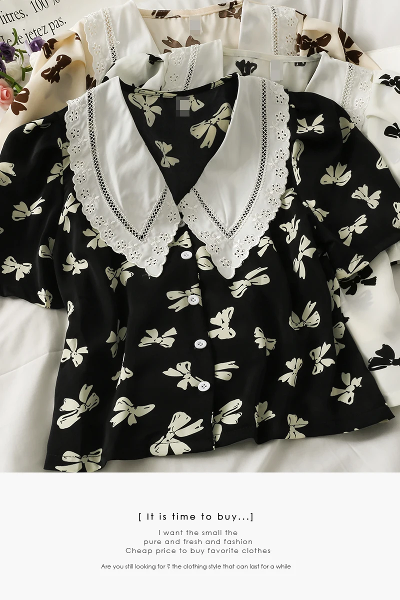 Hong Kong style retro contrast stitching hollow out peter pan collar shirt women's bow print top
Hong Kong style retro contrast stitching hollow out peter pan collar shirt women's bow print top