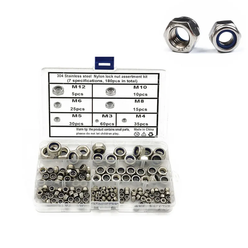 180Pcs/set DIN985 M3 M4 M5 M6 M8 M10 M12 304 Stainless Steel Hexagon Nylon Lock Nuts Set Screws Hex Socket Furniture Bolts Kit
180Pcs/set DIN985 M3 M4 M5 M6 M8 M10 M12 304 Stainless Steel Hexagon Nylon Lock Nuts Set Screws Hex Socket Furniture Bolts Kit