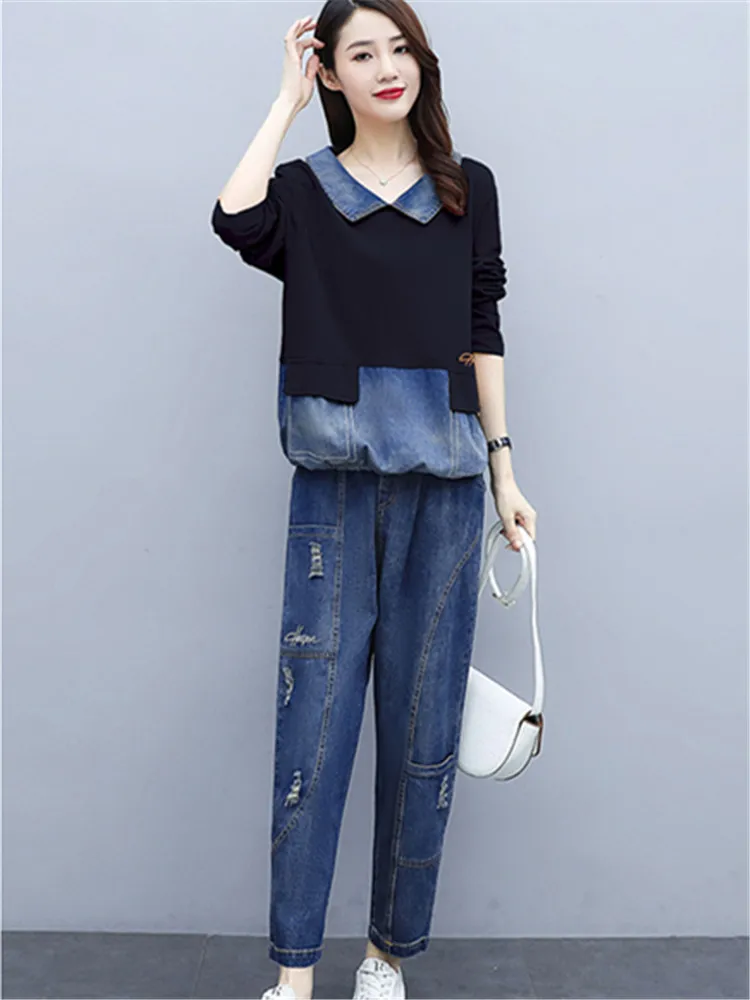 Single/Suit Fashion Female Spring Autumn Splicing Lapel Pullover Blouse + Elastic Waist Harem Jeans Women's Two-Piece Sets Loose
Single/Suit Fashion Female Spring Autumn Splicing Lapel Pullover Blouse + Elastic Waist Harem Jeans Women's Two-Piece Sets Loose