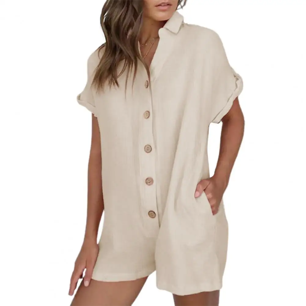 Women Rompers Summer Single Breasted Short Sleeve Overall Turn-down Collar V Neck Loose Romper Jumpsuit Fashion Female Suits
Women Rompers Summer Single Breasted Short Sleeve Overall Turn-down Collar V Neck Loose Romper Jumpsuit Fashion Female Suits