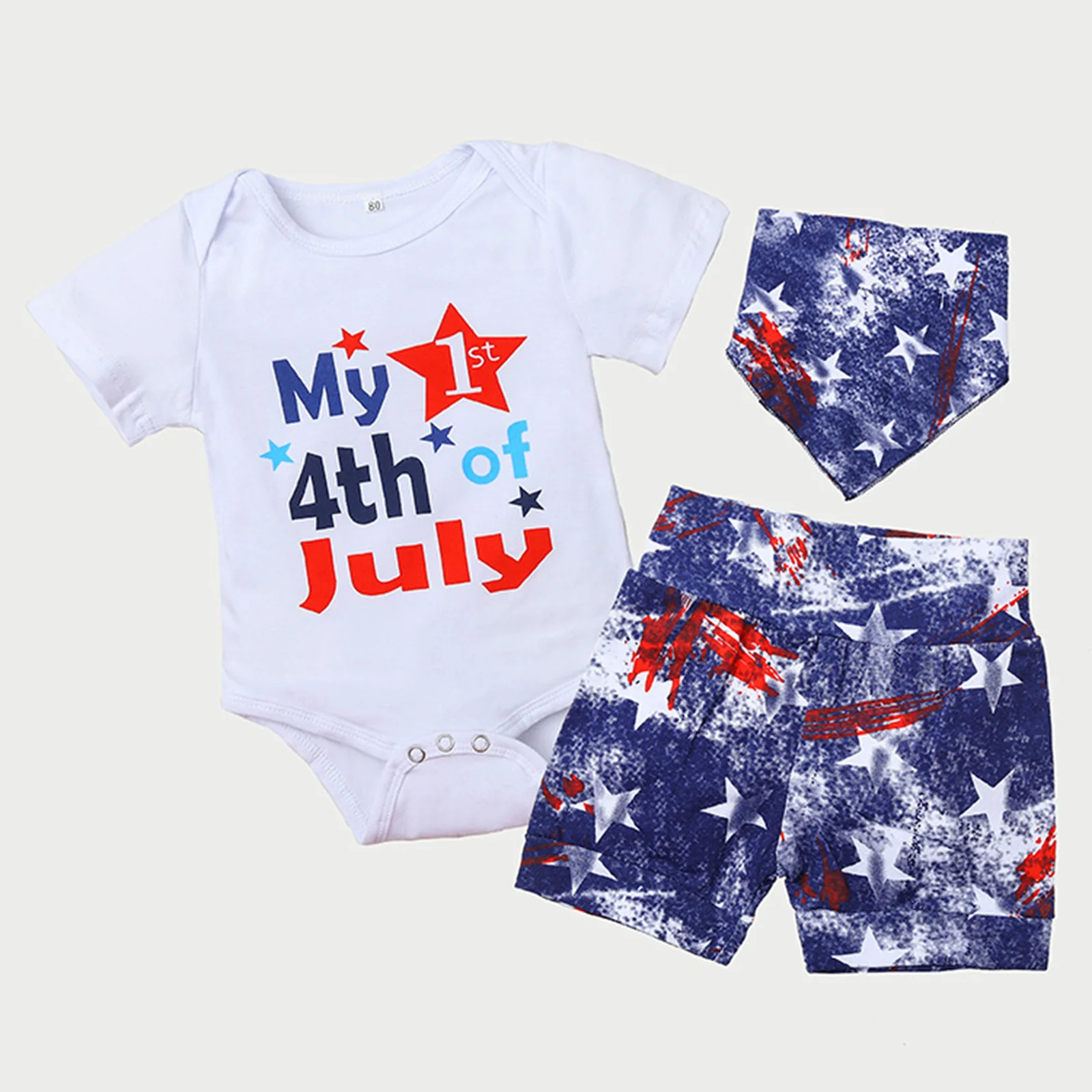 3Pcs Baby Boys Independence Day Clothes Sets Letter Print Short Sleeves Romper + Star Print Shorts + Bib Suit
3Pcs Baby Boys Independence Day Clothes Sets Letter Print Short Sleeves Romper + Star Print Shorts + Bib Suit