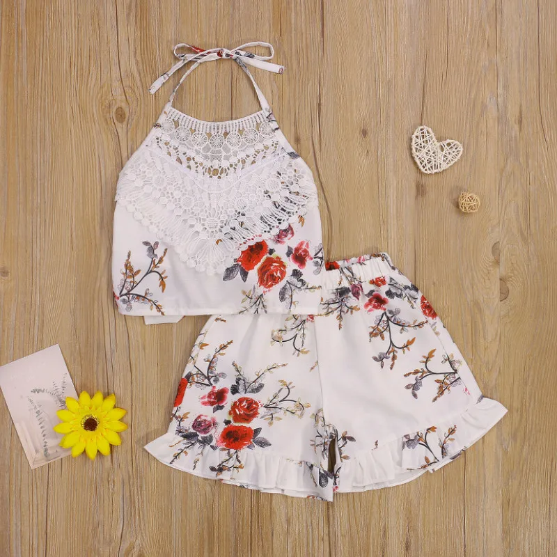 Girls Casual Two-piece Clothes Set, White Floral Printed Pattern Lace Halter Neck Backless Vest and Shorts Summer
Girls Casual Two-piece Clothes Set, White Floral Printed Pattern Lace Halter Neck Backless Vest and Shorts Summer