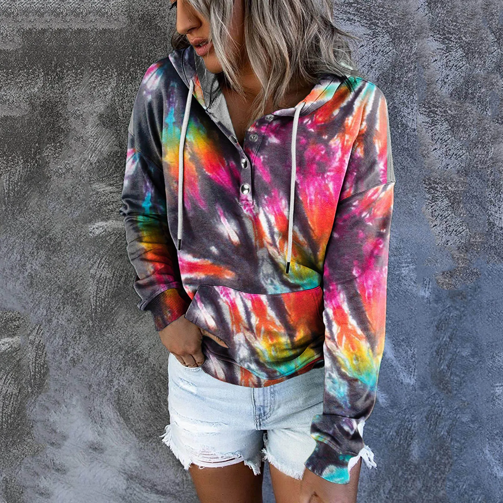 Tie Dye Print Hoodies Women New Fashion Button Drawstring Pocket Casual Long Sleeve Hooded Sweatshirt Las Mujeres Sweetshirts
Tie Dye Print Hoodies Women New Fashion Button Drawstring Pocket Casual Long Sleeve Hooded Sweatshirt Las Mujeres Sweetshirts