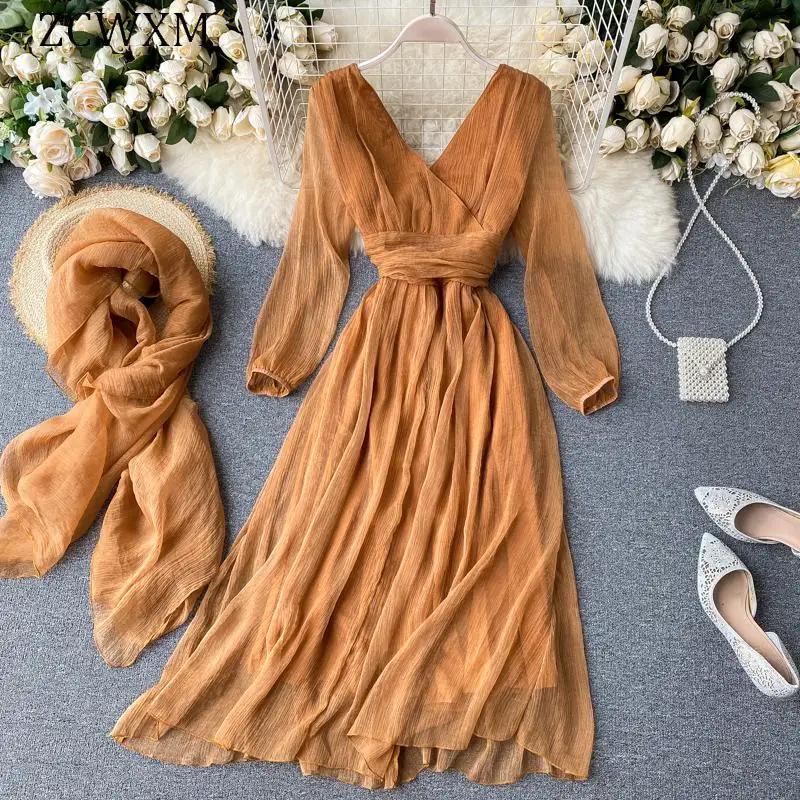 ZCWXM Autumn Women Elegant Chiffon Dress Design Puff Sleeve V Neck Vintage Solid Dress+silk Scarf Korean A-line Holiday Dress
ZCWXM Autumn Women Elegant Chiffon Dress Design Puff Sleeve V Neck Vintage Solid Dress+silk Scarf Korean A-line Holiday Dress
